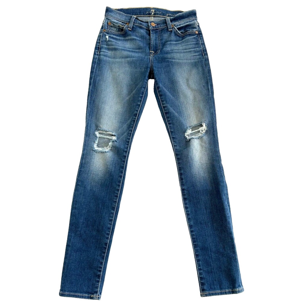 7 For All Mankind Gwenevere Distressed Skinny Jeans Size 25 Blue Denim 13.5x29.5